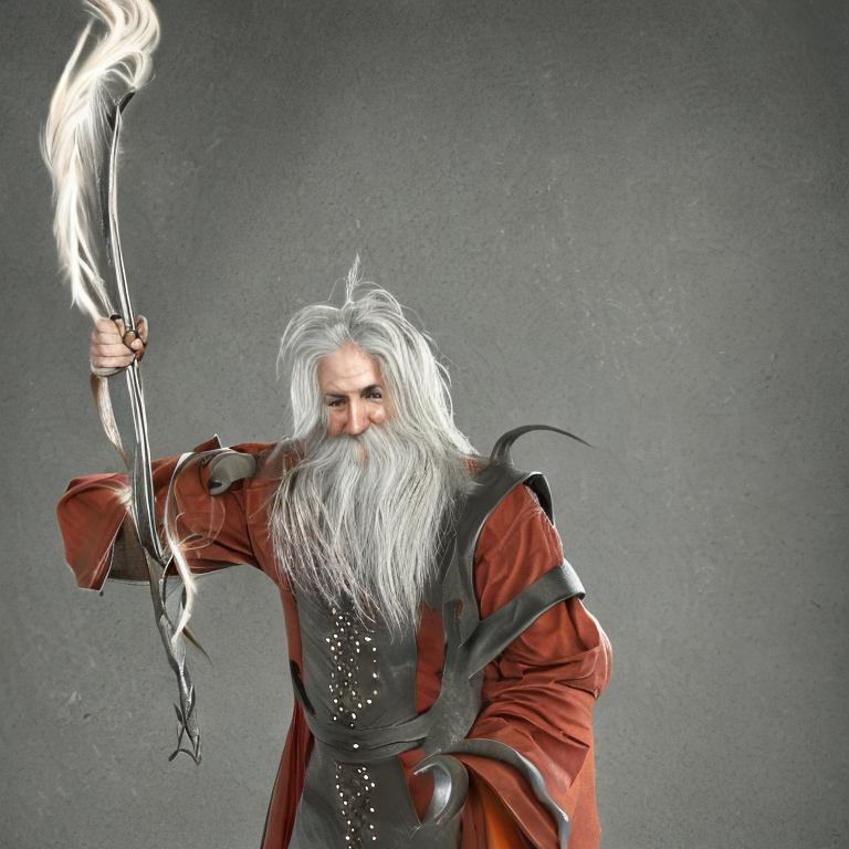 wizard with silver hair, holding a longbow