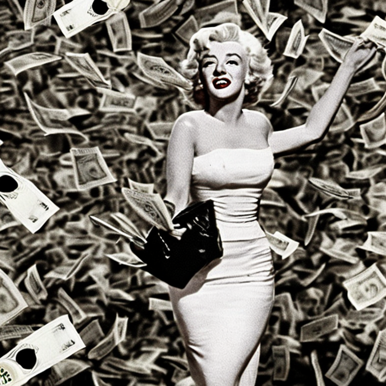 Marilyn Monroe in a white dress with garders, holding a bag of money and a fork as money is flying out