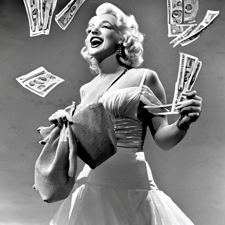 Marilyn Monroe in a white dress with garders, holding a bag of money and a fork as money is flying out