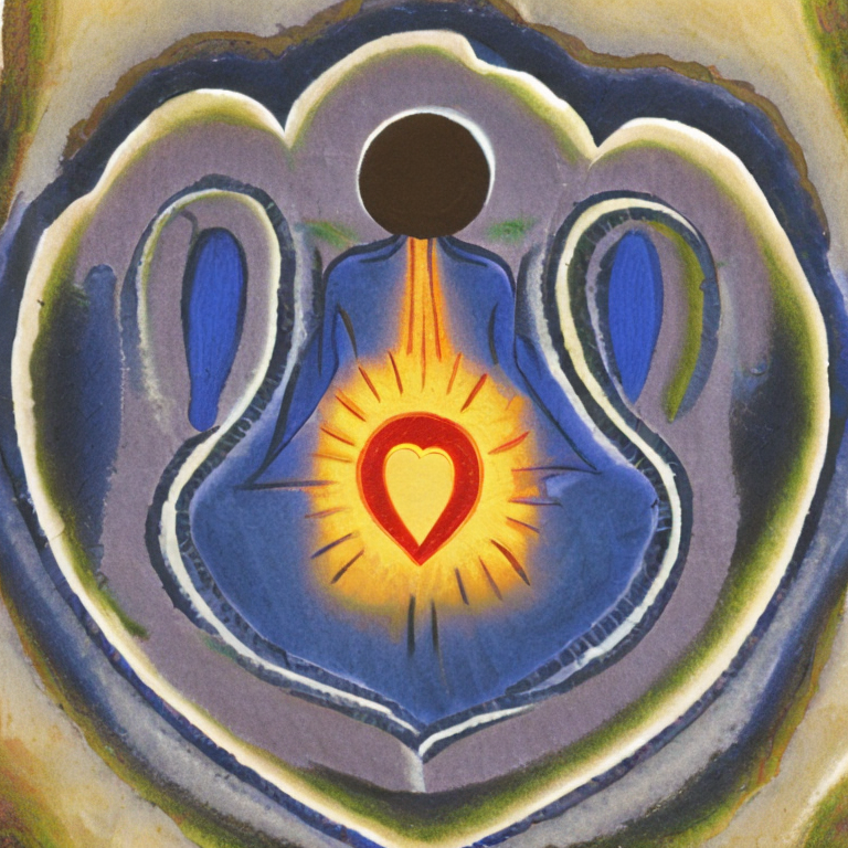 a central figure, a person, standing with a warm and compassionate expression. Within their chest area, a radiant heart-shaped g