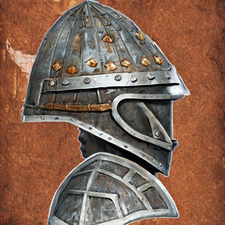 A knight with an ornate yet rusted helmet