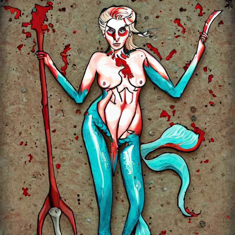 full complete body, beautiful and horror inspired mermaid, bloody, holding a trident