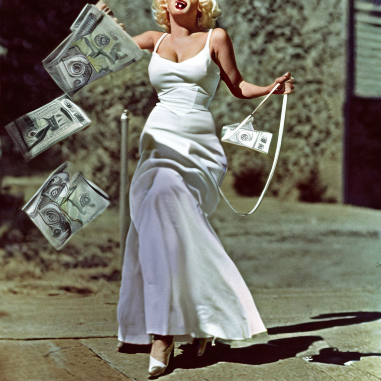 Marilyn Monroe in a white dress with garders, holding a bag of money and a fork as money is flying out