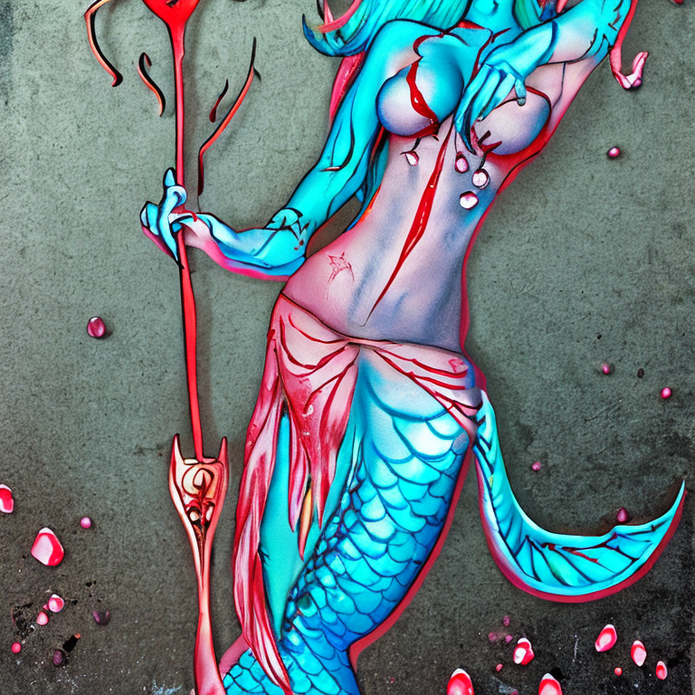 full complete body, beautiful and horror inspired mermaid, bloody, holding a trident