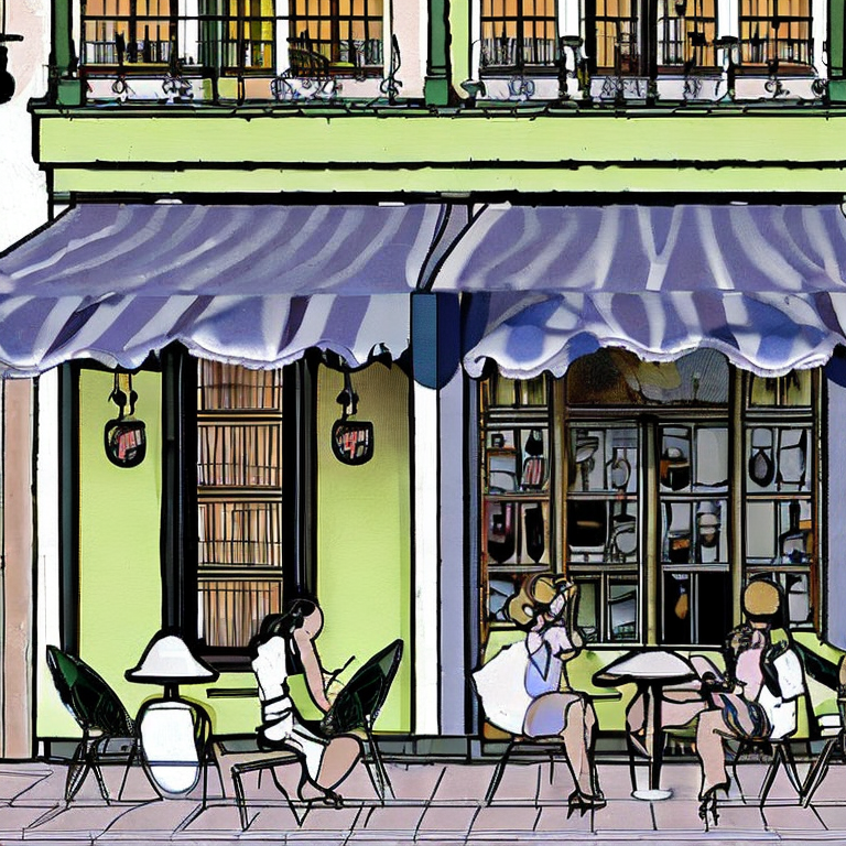 Generate an image of a cozy French cafe scene. The cafe should have shade awnings extending from the facade. On the left side of