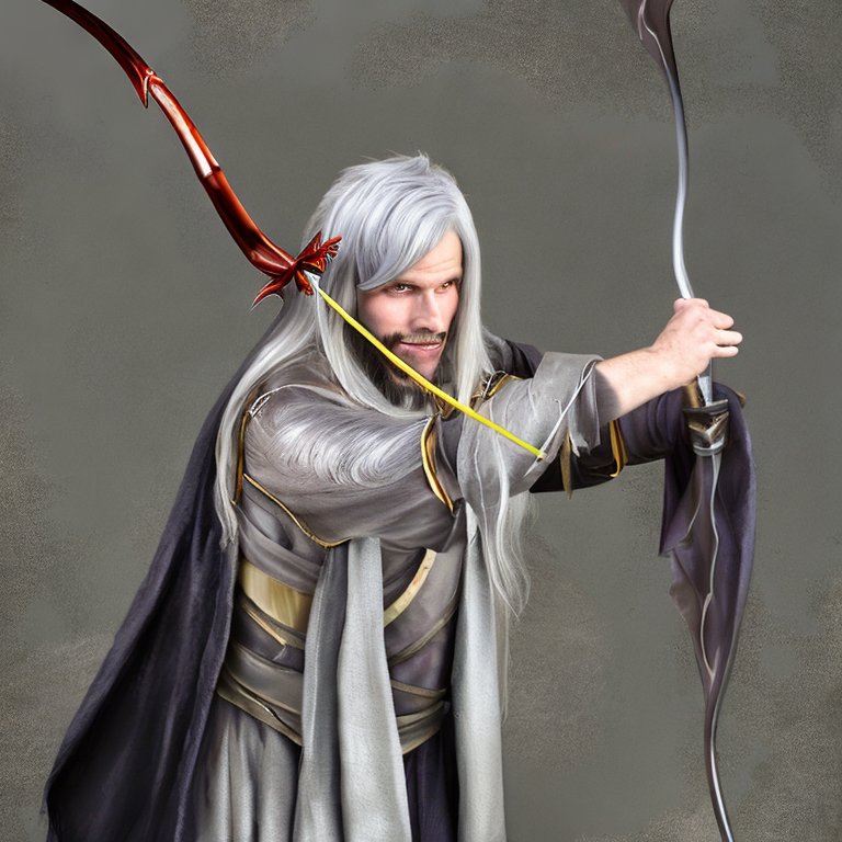 25 year old wizard with silver hair, holding a longbow