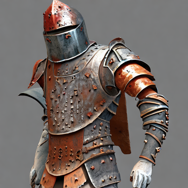 A human knight with an ornate yet rusted helmet