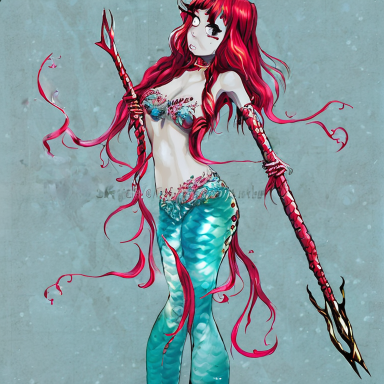 anime style full complete body, beautiful and horror inspired mermaid, bloody, holding a trident