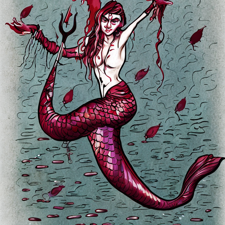 full complete body, beautiful and horror inspired mermaid, bloody, holding a trident
