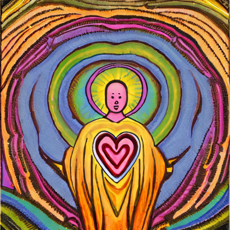 a central figure, a person, standing with a warm and compassionate expression. Within their chest area, a radiant heart-shaped g