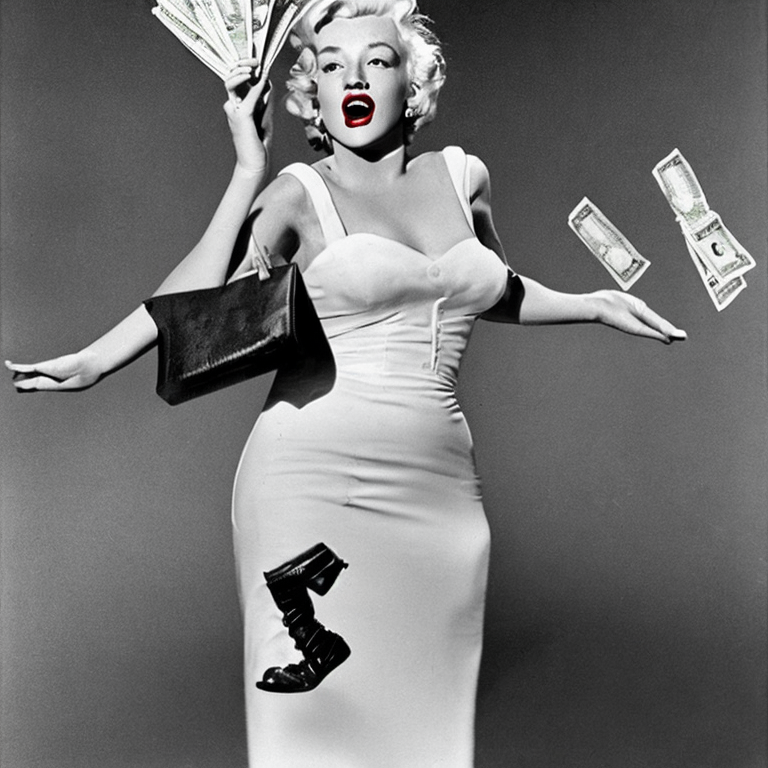 Marilyn Monroe in a white dress with garders, holding a bag of money and a fork as money is flying out