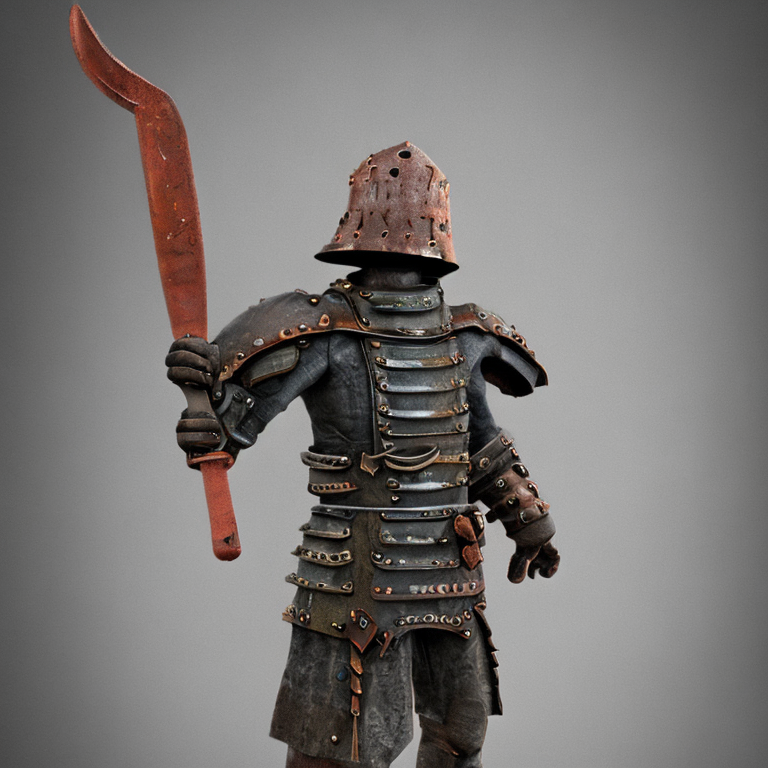 A human knight with a rusted helmet